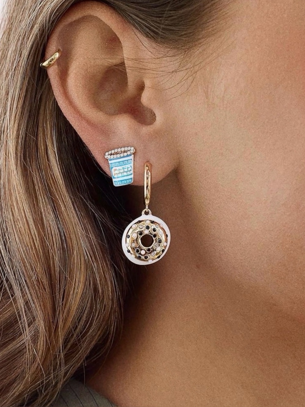 BaubleBar Gold Hoop Earrings with White Donut and Blue Cup Charms Set 2 New